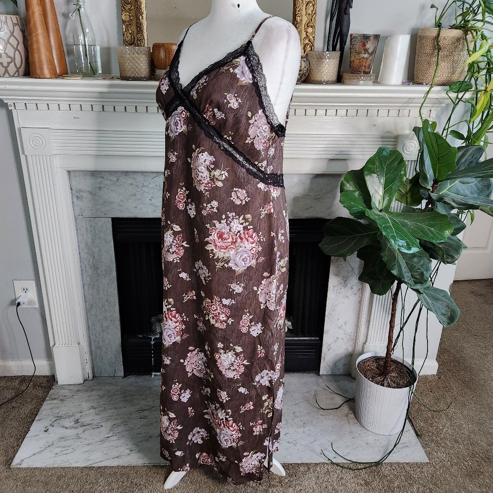 H&M Brock Collection Brown Floral Maxi Slip Dress Size XL Lace Romantic - Picture 3 of 9